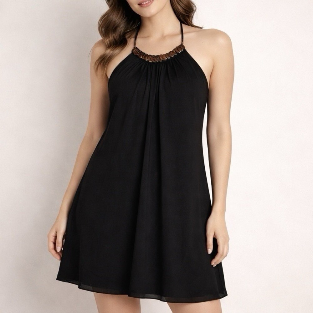 IZ Byer Y2K Mini Dress Black S Wooden Neckline Halter Festival Tribal Bohemian